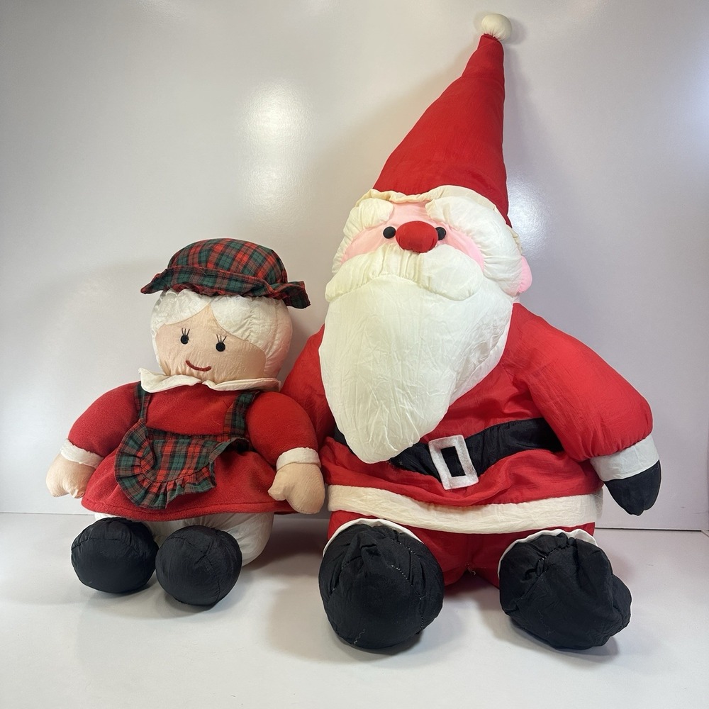 Vtg SANTA & MRS CLAUS Nylon Puffy‎ Plush Holiday Stuffed Christmas Xmas